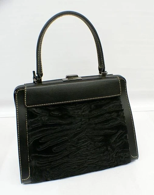 DELVAUX Belgium 100% Black Leather & Broadtail Lamb Iconic  MM BRILLIANT Handbag