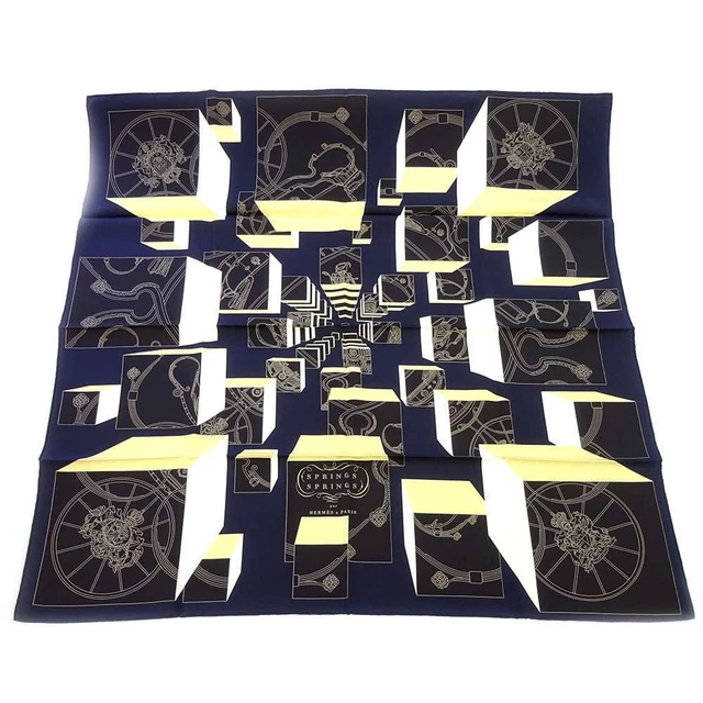 HERMES Scarf Carre 90 Springs Springs Silk Dark blue Beige Multi w/Box R4004