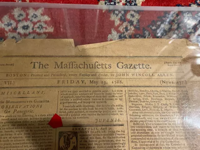 1788 Massachusetts Gazette Newspaper Constitutional Convention elephant Boston