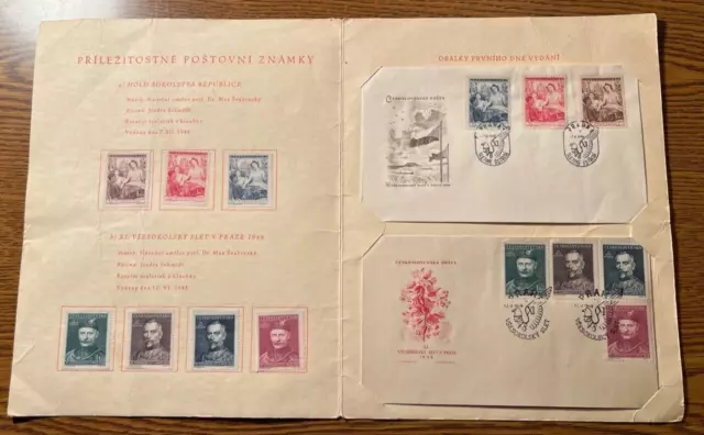 1948 Czechoslovakia Special Presentation Folder With 2 First Day Covers & Stamps