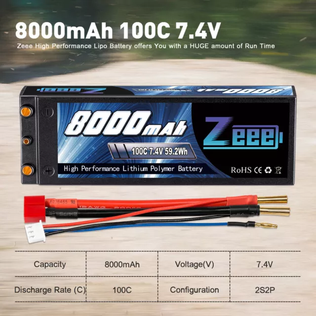 Zeee 2S LiPo Battery 8000mAh 100C 7.4V Dean Plug Hardcase for RC Car Truck Buggy 3