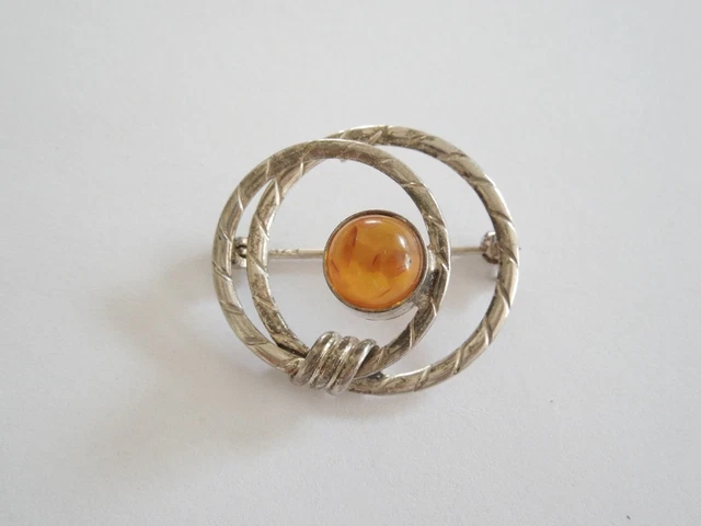 Broche Ancienne En Argent 835 Et Ambre Fischland - Bijou Vintage Femme (K8)