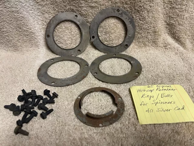 Used Gm 1965 Corvette Hubcap Spinner Retainer Rings 4 Pieces W/Screws