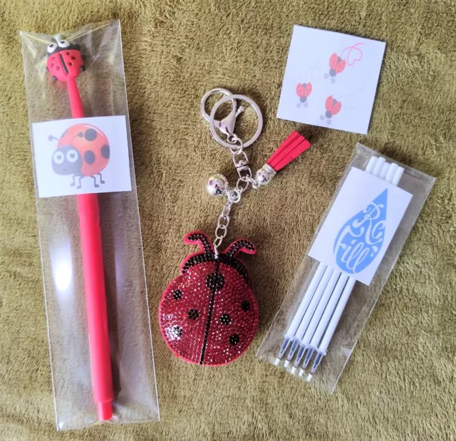 Ladybird Fun Pack Ladybug Crystal Keyring Ladybird Gel Pen Refill 5 Pack Cute