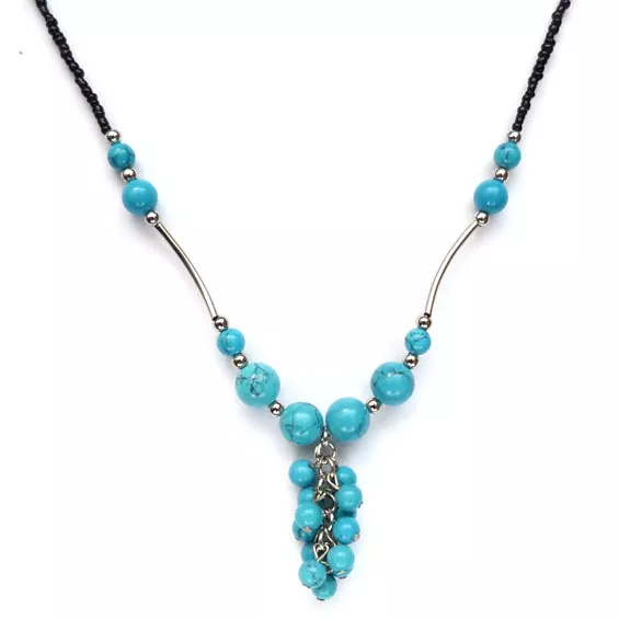 COLLIER soirée idée cadeau - perles de rocailles NOIRES et pierres BLEU grappe