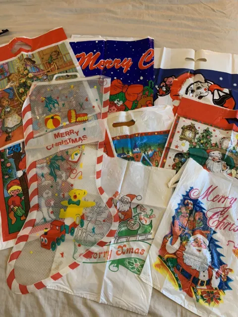 Vintage 60s - 80s  Christmas Plastic Gift Bags / Santa Sack /Stocking