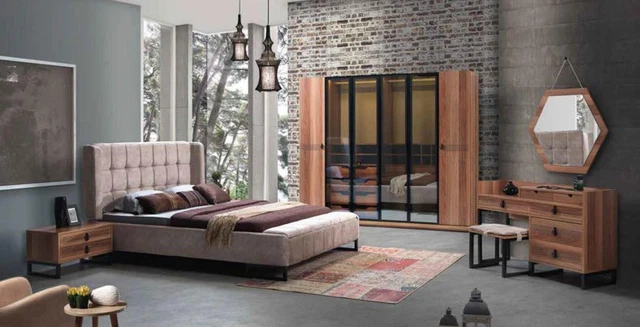 Chambre à Coucher Set 5tlg. Luxe Lit 2x Table de Chevet Commode Penderie Bois