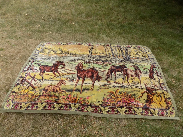 Vtg Velvety Western Tapestry Horse Foal Wall Hanging art Large RUG 48” X 68”
