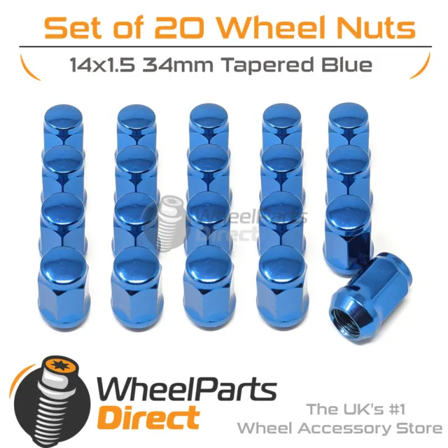 Blue Wheel Nuts (20) 14x1.5 Tapered 34mm For Chrysler 300 C [Mk1] 05-10