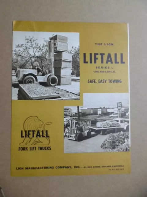 1968 Lion Mfg Co. Liftall Series L Forklift Catalog Brochure Vintage Original