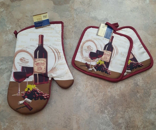 Juego de 3 piezas de temas de viñedo Mitt & Potholders horno de vino ENVÍO GRATUITO