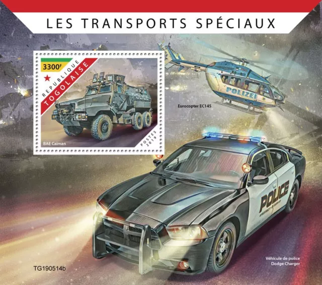 Togo 2019 MNH Special Transport Stamps BAE Caiman Police Cars Helicopters 1v S/S