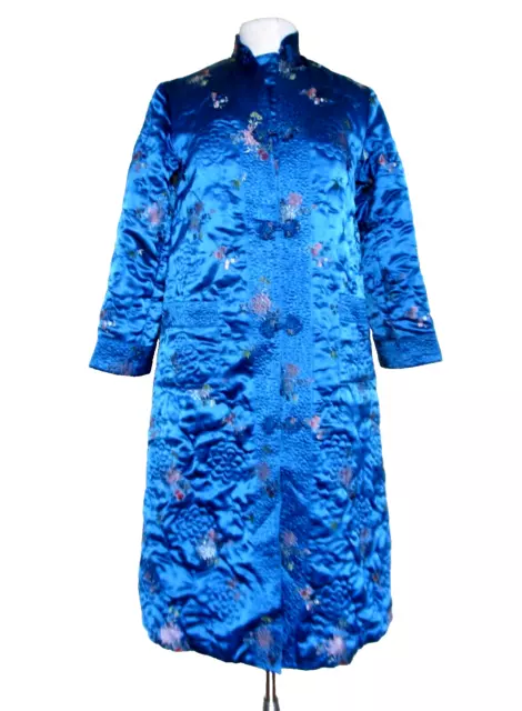 Vintage Peony Brand Sz 32 Teal Blue Asian Quilted Long Satin Robe Coat