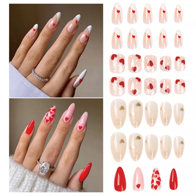 Faux Ongles Français En Forme De Cœur Rouge Courts Carrés À Pression Nail #