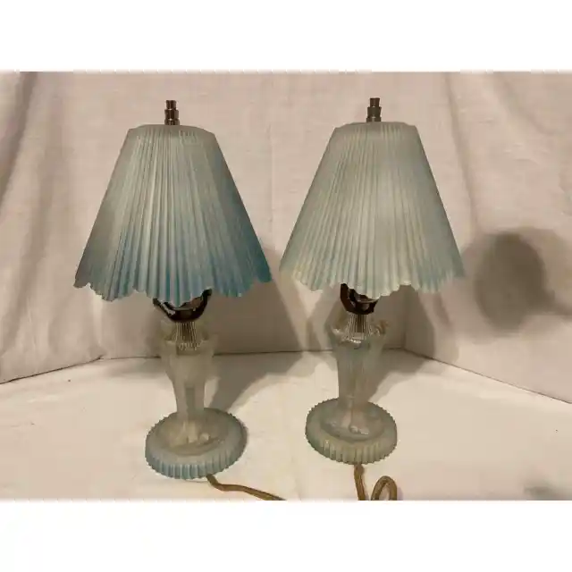 Pair Vtg Art Deco Blue Frosted Glass Electric Boudoir Table Lamp Ribbed Shade
