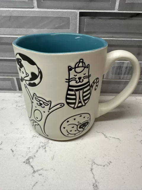 CAT Ceramic Mug Unmarked.   Coffee, Tea & Cocoa.  Ivory, Black & Teal Blue NEW