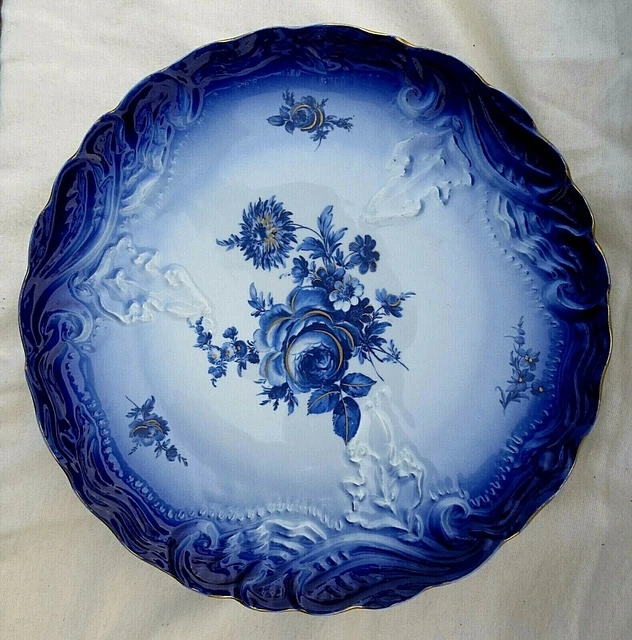 Pendentif Rond En Porcelaine De Limoges Bleu - Décoration Rose Dorée - Chaîne Métal Doré - Occasion