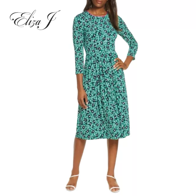 Eliza J | Women 6 | Green Floral Print 3/4 Sleeve Knit Midi Stretch Dress