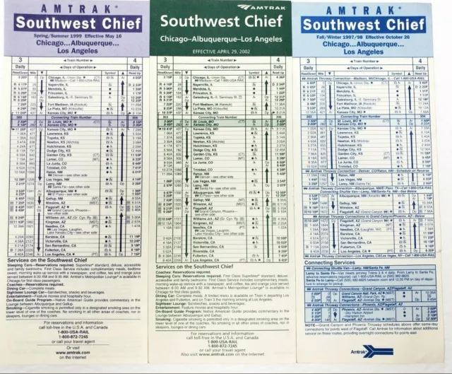 Amtrak Southwest Chief Lot 3 Timetable Cards Vtg 1997 1999 2002 Railroad Train