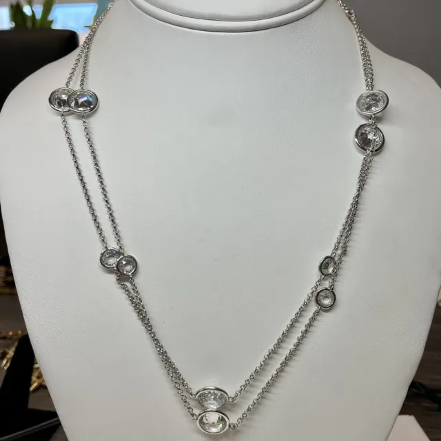 nadri necklace CZ and crystal round bezel silver tone long layered chain