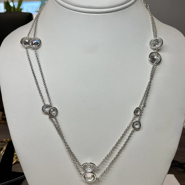 nadri necklace CZ and crystal round bezel silver tone long layered chain nadri necklace CZ and crystal round bezel silver tone long layered chain