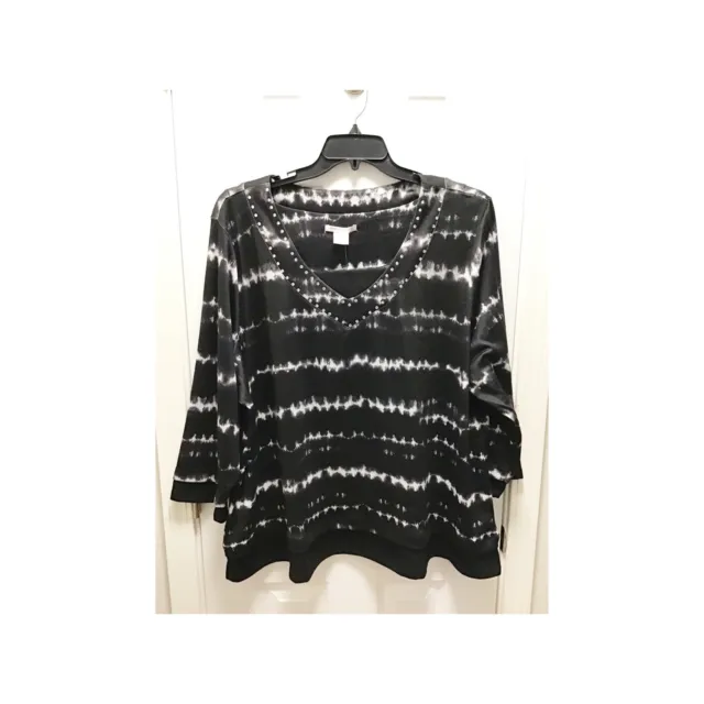 NWT Allison Daley Size 3X Black & White Tie Dye Top Casual Crystal 3/4 Sleeve