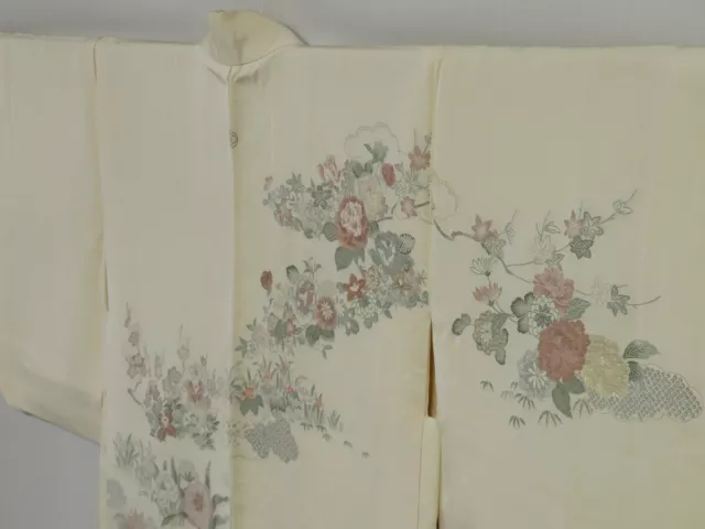 1416i09z570 Vintage Japanese Kimono Silk HAORI Off-white Flowers