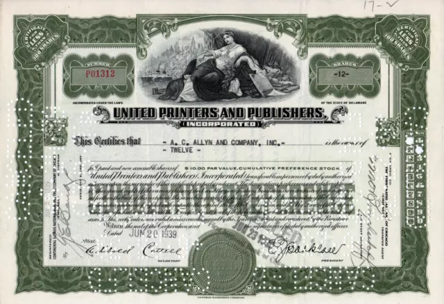 United Printers And Publishers Inc. Stock Certificate Less Than 100 Shares