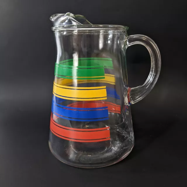 Vintage LIBBEY Rainbow Striped FIESTA Bands Lip Water PITCHER  9” TALL  6” BASE