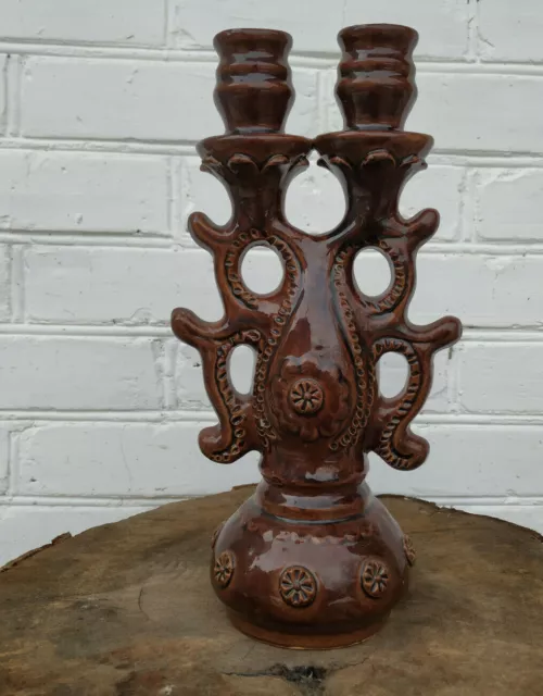 Vintage Handmade Pottery Ceramic Brown Glaze candlestick candle holder 60s