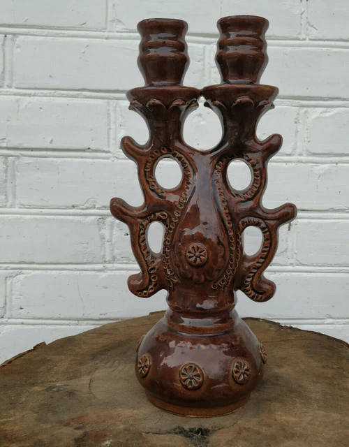 Vintage Handmade Pottery Ceramic Brown Glaze candlestick candle holder 60s