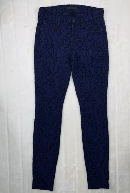 7 For All Mankind Blue Jacquard Skinny Jeans Womens 25 Floral Mid-Rise Lace Look