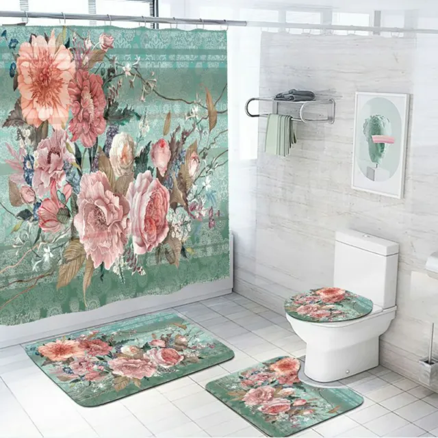 Rustic Beautiful Rose Shower Curtain Non-Slip Bathroom Mat Toilet Lid Cover Set