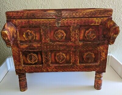 Vintage HAND CARVED Horse Heads DOWRY BOX CHEST Trunk Antique Painted - India?