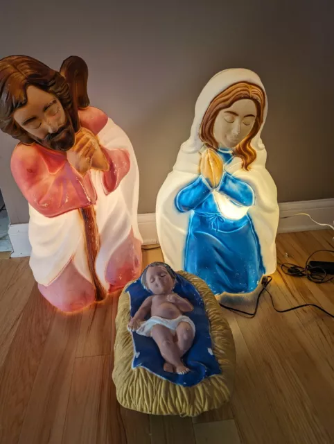 Vintage Empire Nativity 3 Piece Set 28" Lighted Blow Mold Mary Joseph Baby Jesus