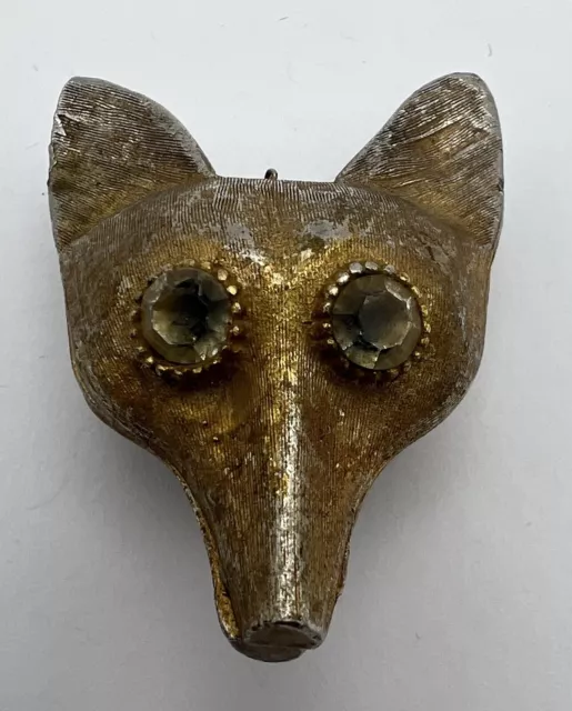 Vintage Double Sided Fox Head Gold Tone Rhinestones Pill Box/Compact