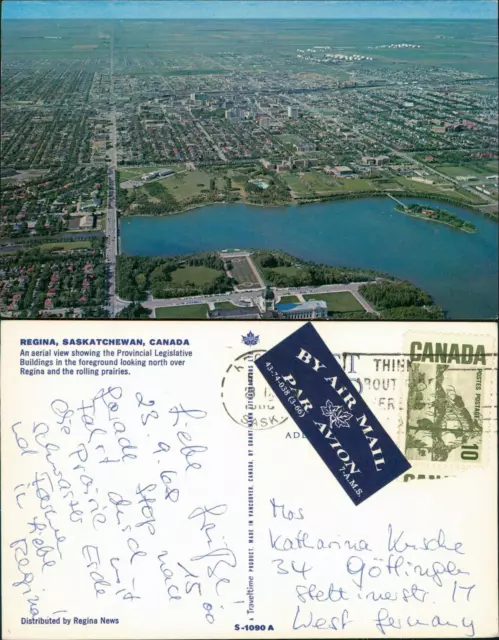 1968 Regina (Saskatchewan) Luftbil Areal View Postcard Gel. Air Mail