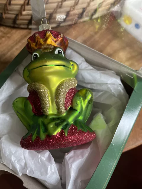 Frog with Crown Mouth Blown Hand Painted Glass Made Poland Christmas Ornament