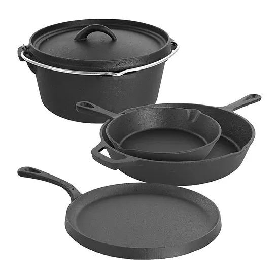 5 pc cast iron cooking set- Dutch Oven 3 Skillets and a Mango Wood Serving Tray