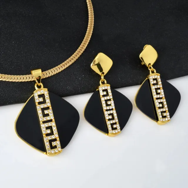 New Women's Greek Key Italian Necklace & Earring Set Yellow Gold Black Beauty