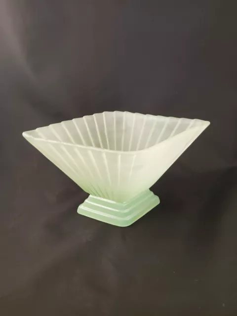 Vintage Art Deco Green Frosted Glass Diamond Shaped Footed Vase