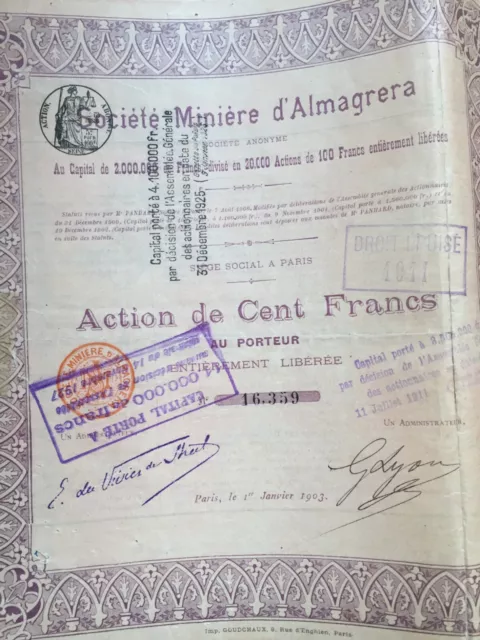 Rare : Action SOCIETE MINIERE D'ALMAGRERA 1903 (14 coupons)