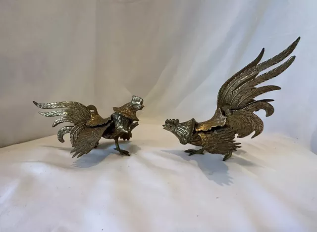 🎅Vintage Pair Brass Fighting Cocks Roosters Bird.