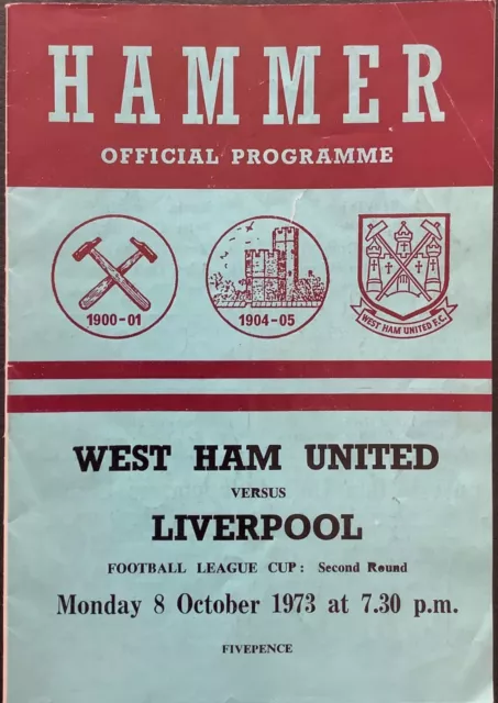 1973 WEST HAM UNITED v LIVERPOOL programme - Football League Cup 2nd Round