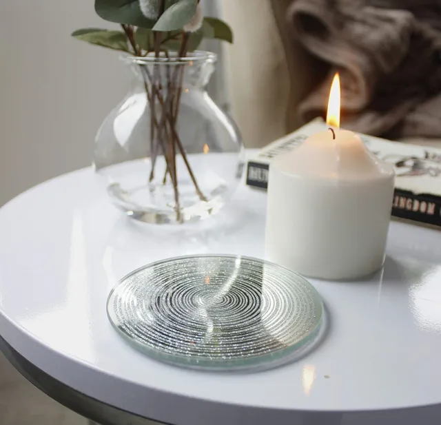 Mirrored Candle Plate Round Home Decor Glitter Small Medium Tray Silver Coaster