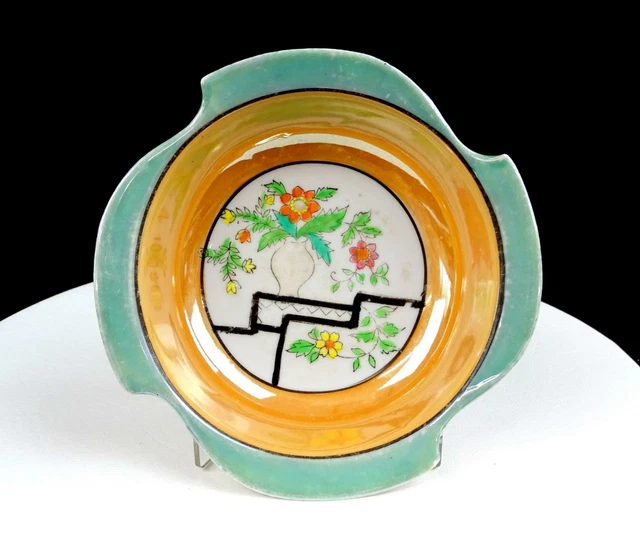 Nippon Japan Orange Green Lusterware Flower Urn Scalloped Rim 6 5/8" Bowl