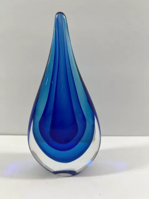 Murano Style Blown Art Glass Blue Tear Drop Heavy 6.5” Tall Decorative