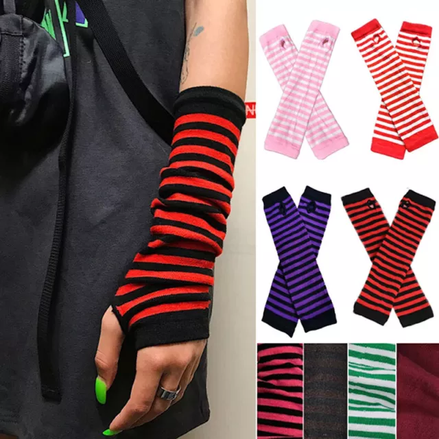 1Pair Fashion Women Wrist Arm Mitten Long Hand Warmer Fingerless Stripe Gloves