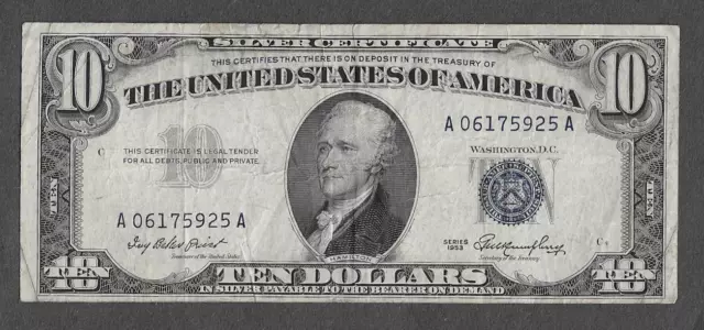 FR. 1706 Ten Dollars ($10) Series of 1953 Blue Seal Silver Certificate