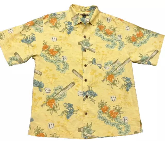 TOMMY BAHAMA Hawaiian Shirt Mens M Baseball Balls Bats Yellow SILK Floral Leis